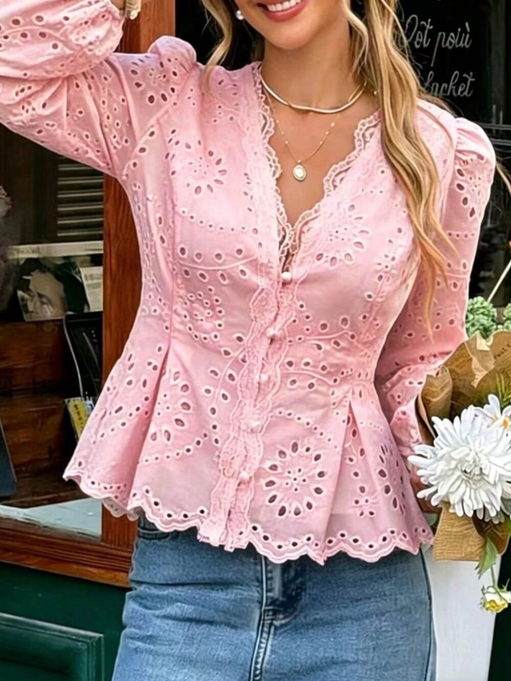Pink Casual Women's Embroidered Blouse with Lace Trim, Ruched Waist, Cuff Sleeve - Picture 4 of 5
